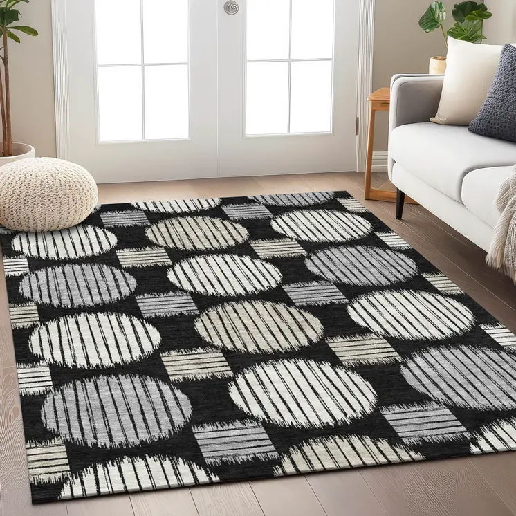 8' X 10' Black Gray And Ivory Geometric Washable Indoor Outdoor Area Rug