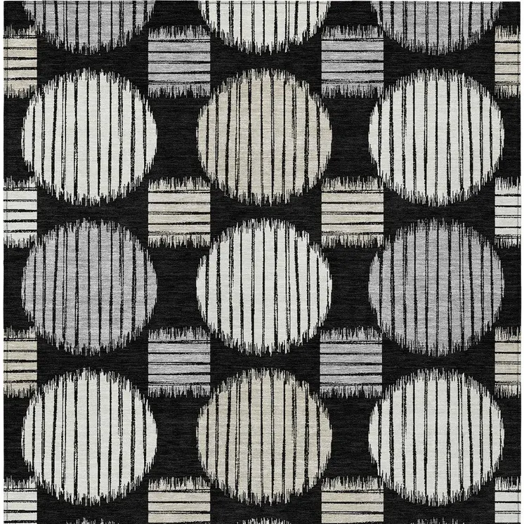 9' X 12' Black Gray And Ivory Geometric Washable Indoor Outdoor Area Rug