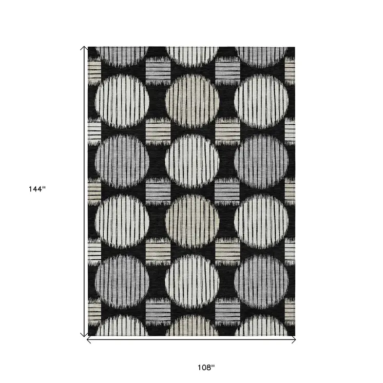 9' X 12' Black Gray And Ivory Geometric Washable Indoor Outdoor Area Rug