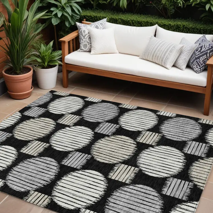 9' X 12' Black Gray And Ivory Geometric Washable Indoor Outdoor Area Rug