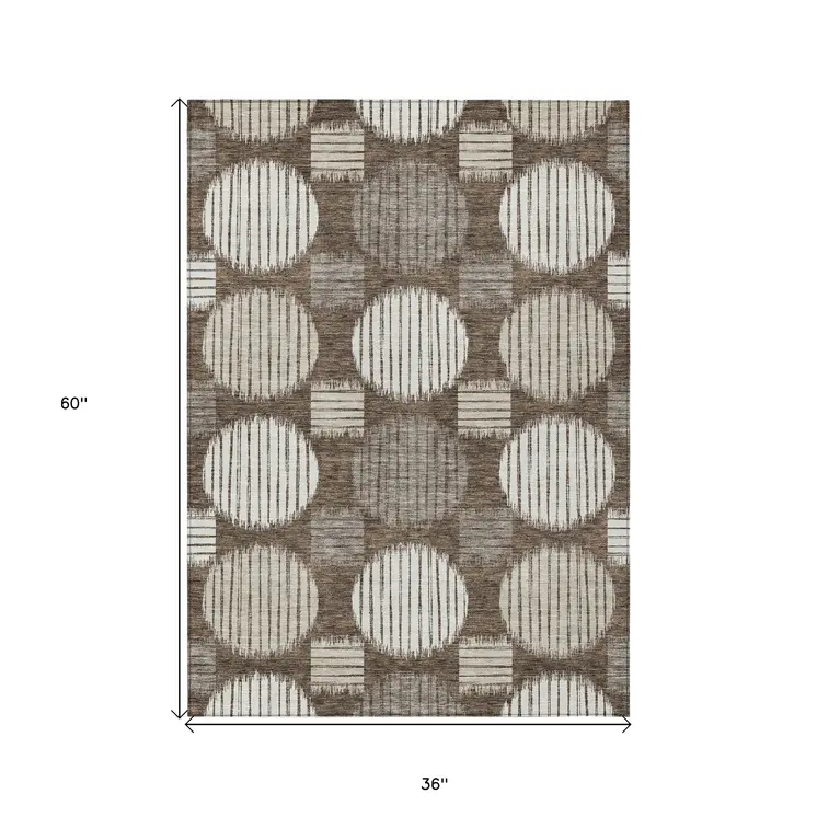 3' X 5' Brown Gray And Ivory Geometric Washable Indoor Outdoor Area Rug