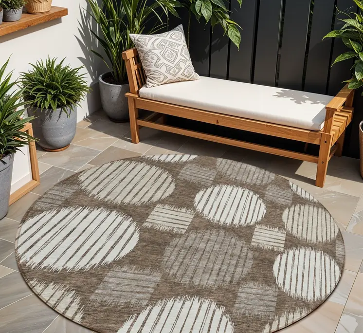 8' Brown Gray And Ivory Round Geometric Washable Indoor Outdoor Area Rug