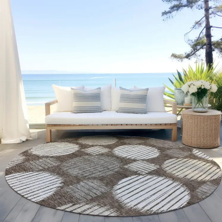 8' Brown Gray And Ivory Round Geometric Washable Indoor Outdoor Area Rug
