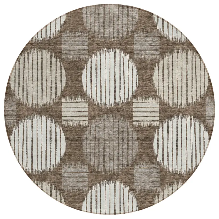 8' Brown Gray And Ivory Round Geometric Washable Indoor Outdoor Area Rug