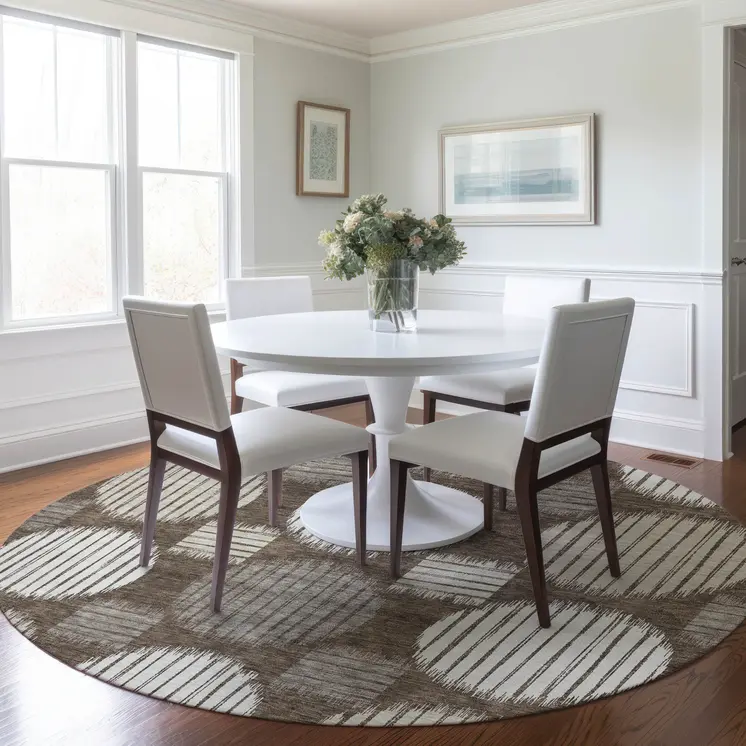 8' Brown Gray And Ivory Round Geometric Washable Indoor Outdoor Area Rug