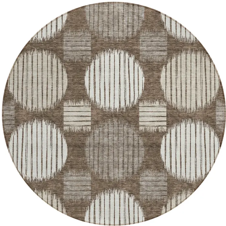 8' Brown Gray And Ivory Round Geometric Washable Indoor Outdoor Area Rug