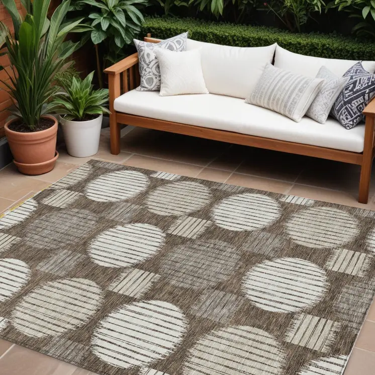 10' X 14' Brown Gray And Ivory Geometric Washable Indoor Outdoor Area Rug