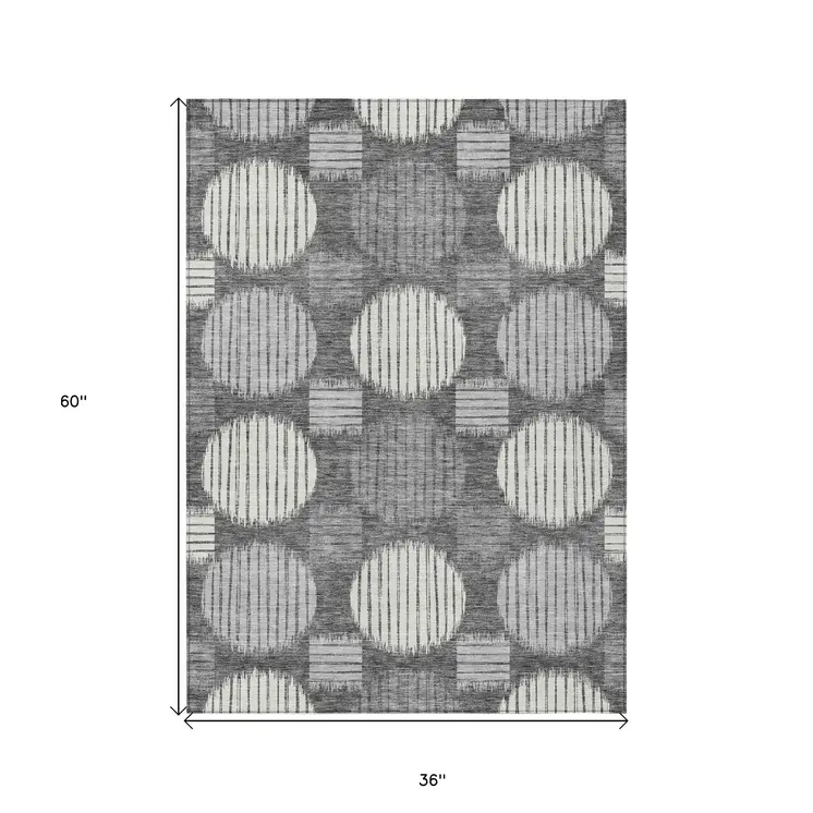 3' X 5' Charcoal And Ivory Geometric Washable Indoor Outdoor Area Rug