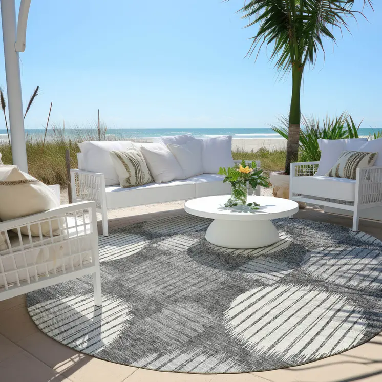 8' Charcoal And Ivory Round Geometric Washable Indoor Outdoor Area Rug