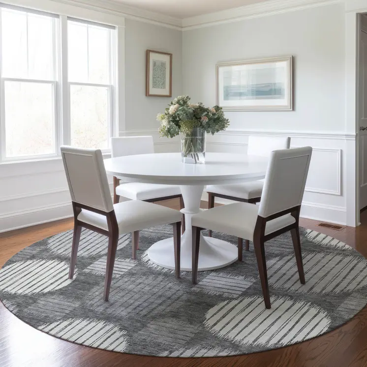8' Charcoal And Ivory Round Geometric Washable Indoor Outdoor Area Rug