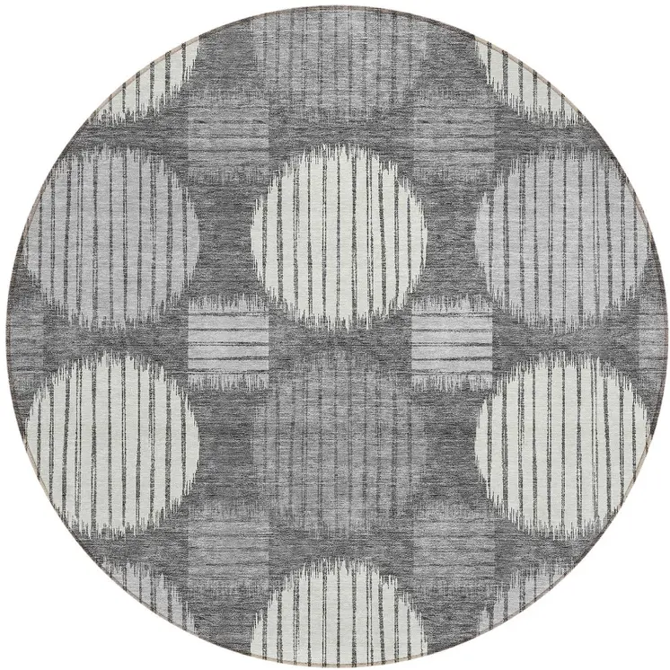 8' Charcoal And Ivory Round Geometric Washable Indoor Outdoor Area Rug
