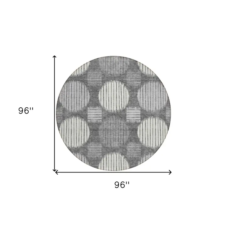 8' Charcoal And Ivory Round Geometric Washable Indoor Outdoor Area Rug