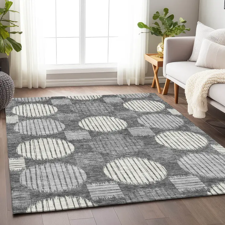 8' X 10' Charcoal And Ivory Geometric Washable Indoor Outdoor Area Rug