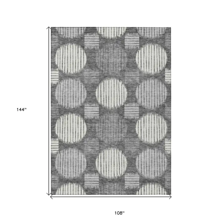 9' X 12' Charcoal And Ivory Geometric Washable Indoor Outdoor Area Rug