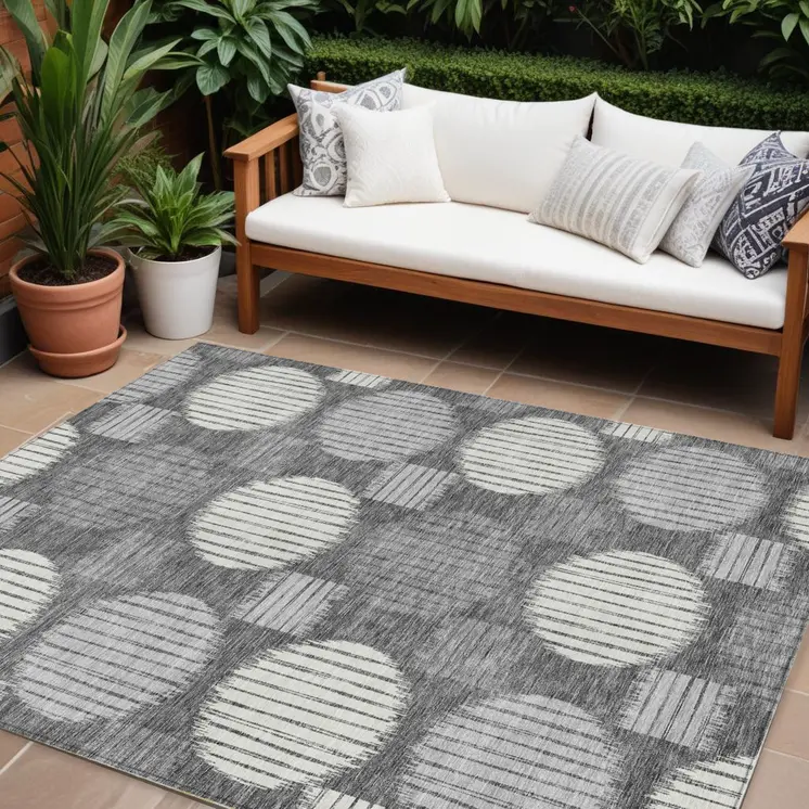 9' X 12' Charcoal And Ivory Geometric Washable Indoor Outdoor Area Rug