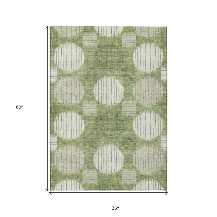 3' X 5' Green And Ivory Geometric Washable Indoor Outdoor Area Rug
