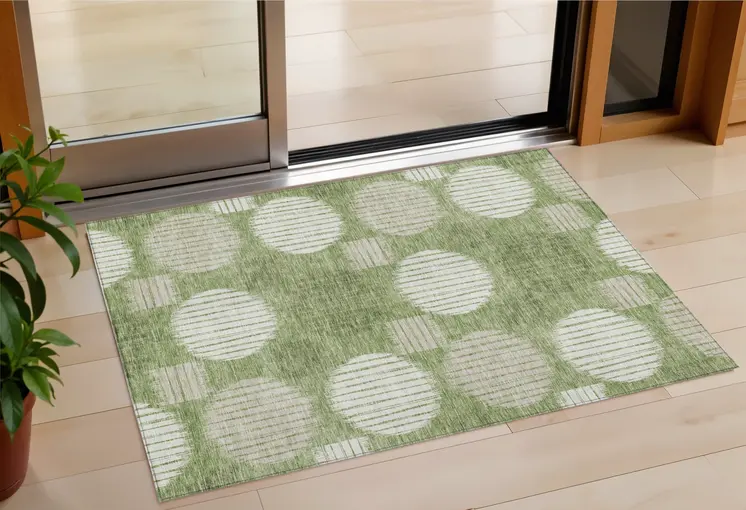 3' X 5' Green And Ivory Geometric Washable Indoor Outdoor Area Rug