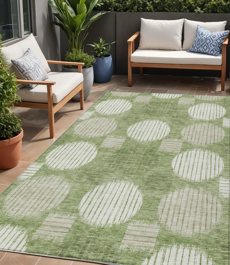 5' X 8' Green And Ivory Geometric Washable Indoor Outdoor Area Rug