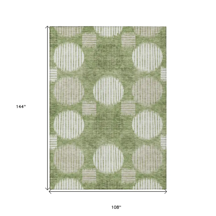 9' X 12' Green And Ivory Geometric Washable Indoor Outdoor Area Rug