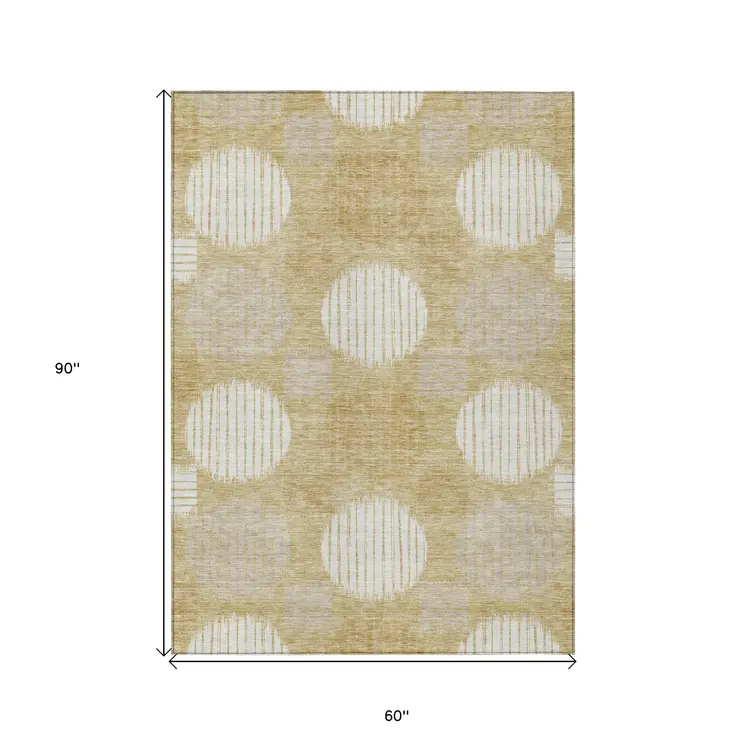 5' X 8' Gold Gray And Ivory Geometric Washable Indoor Outdoor Area Rug