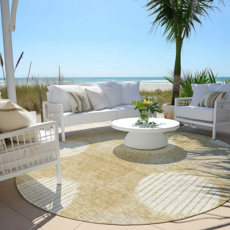8' Gold Gray And Ivory Round Geometric Washable Indoor Outdoor Area Rug