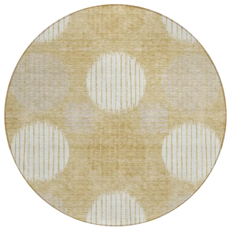 8' Gold Gray And Ivory Round Geometric Washable Indoor Outdoor Area Rug