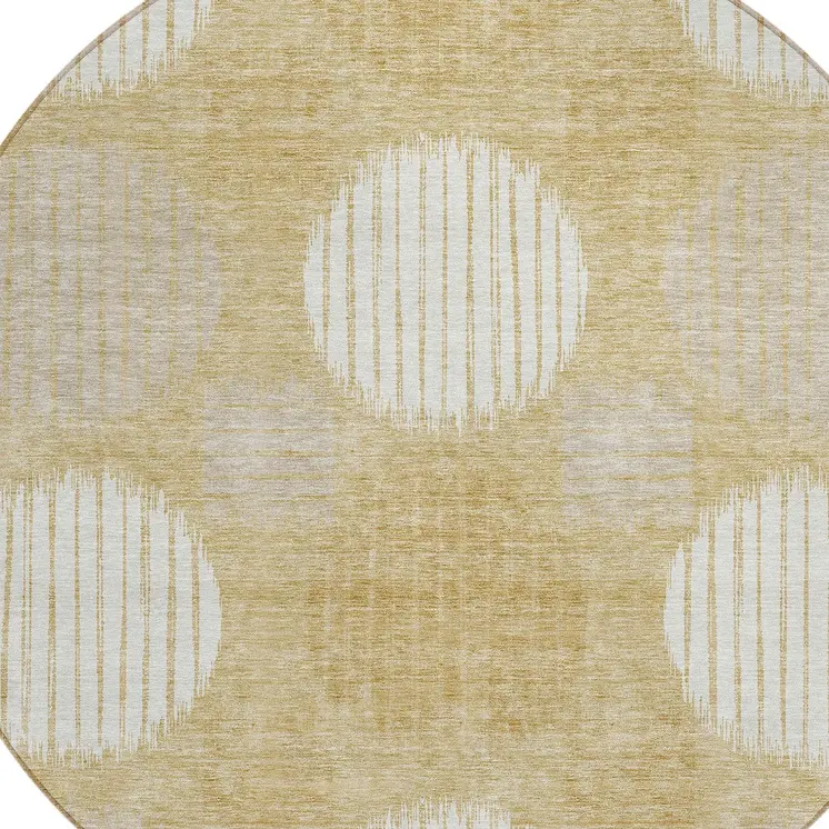 8' Gold Gray And Ivory Round Geometric Washable Indoor Outdoor Area Rug