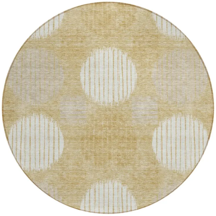 8' Gold Gray And Ivory Round Geometric Washable Indoor Outdoor Area Rug