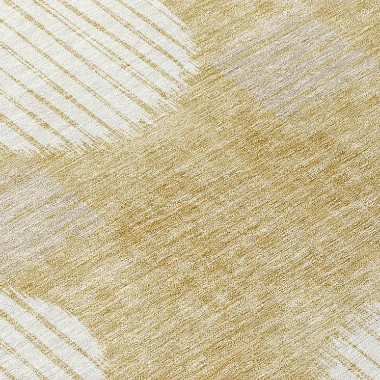 8' Gold Gray And Ivory Round Geometric Washable Indoor Outdoor Area Rug
