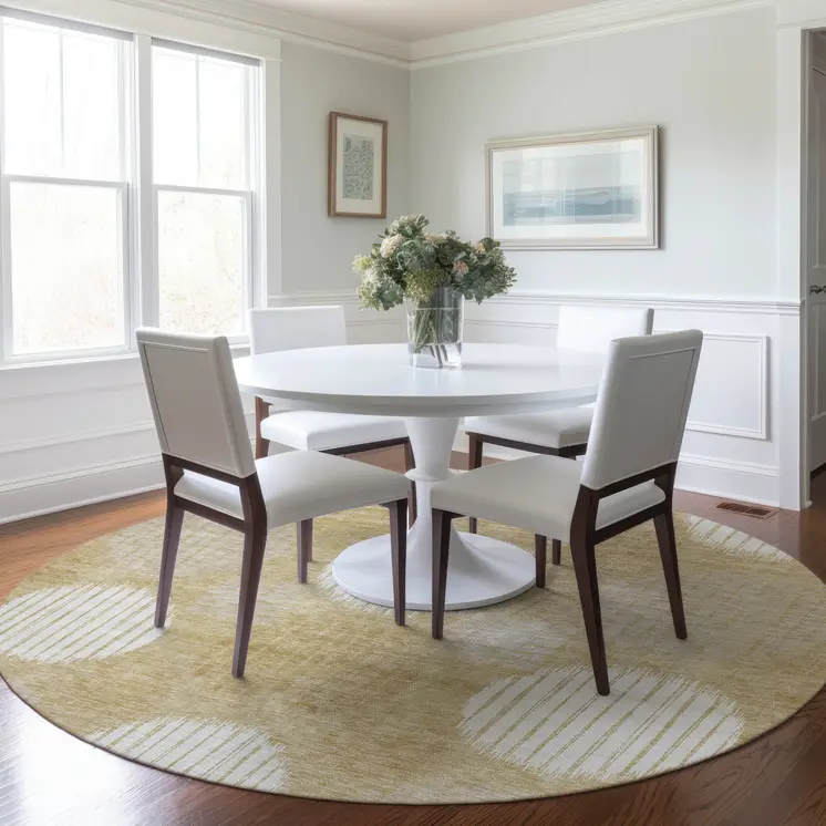 8' Gold Gray And Ivory Round Geometric Washable Indoor Outdoor Area Rug