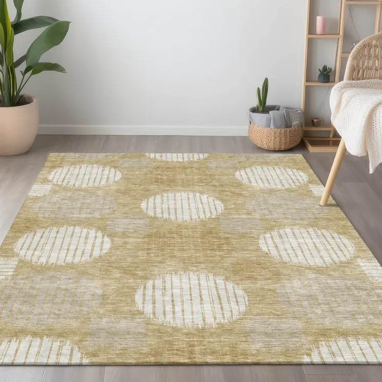 8' X 10' Gold Gray And Ivory Geometric Washable Indoor Outdoor Area Rug