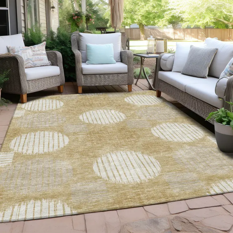 10' X 14' Gold Gray And Ivory Geometric Washable Indoor Outdoor Area Rug