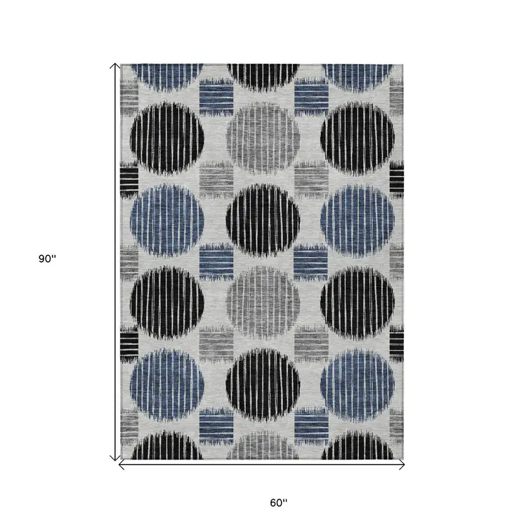 5' X 8' Gray Black And Blue Geometric Washable Indoor Outdoor Area Rug