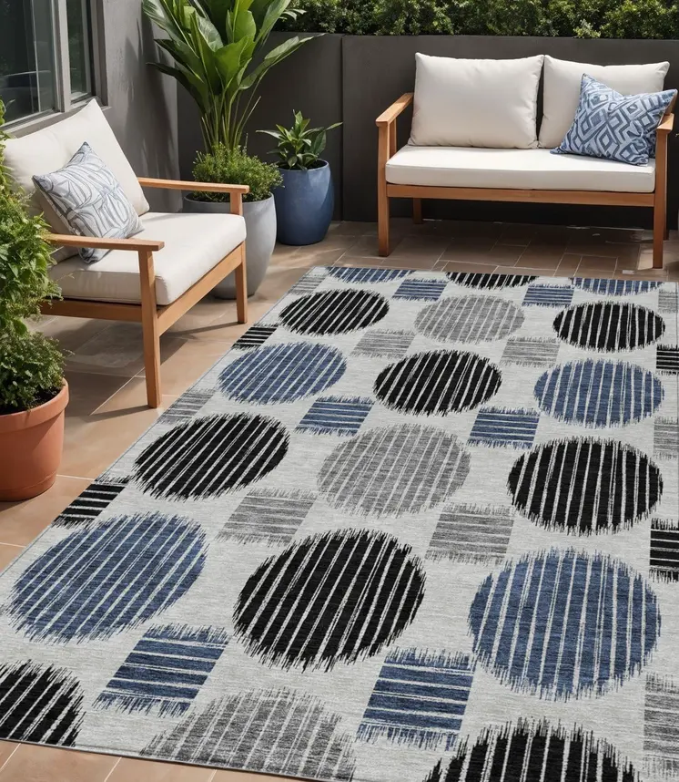 5' X 8' Gray Black And Blue Geometric Washable Indoor Outdoor Area Rug