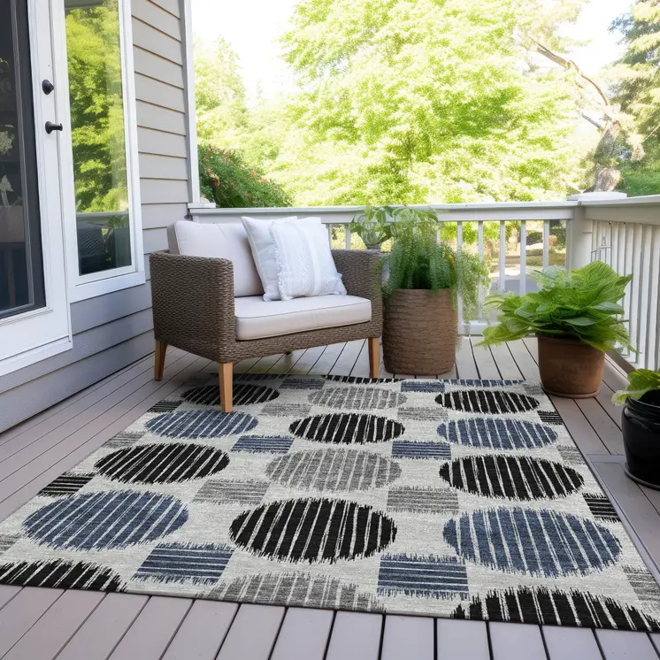 5' X 8' Gray Black And Blue Geometric Washable Indoor Outdoor Area Rug