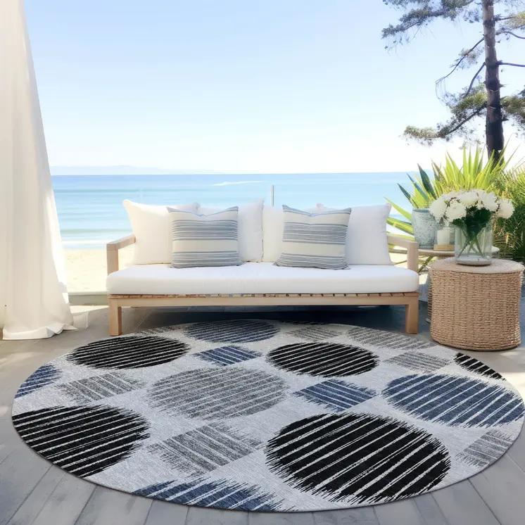 8' Gray Black And Blue Round Geometric Washable Indoor Outdoor Area Rug