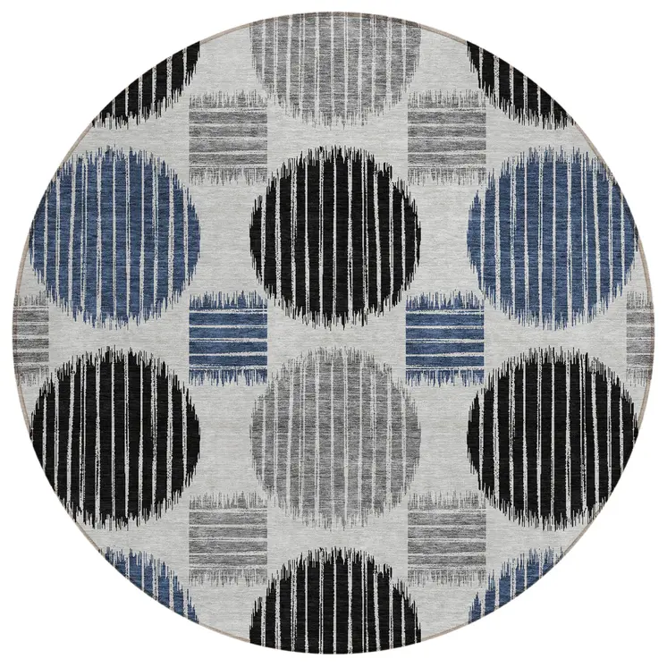 8' Gray Black And Blue Round Geometric Washable Indoor Outdoor Area Rug