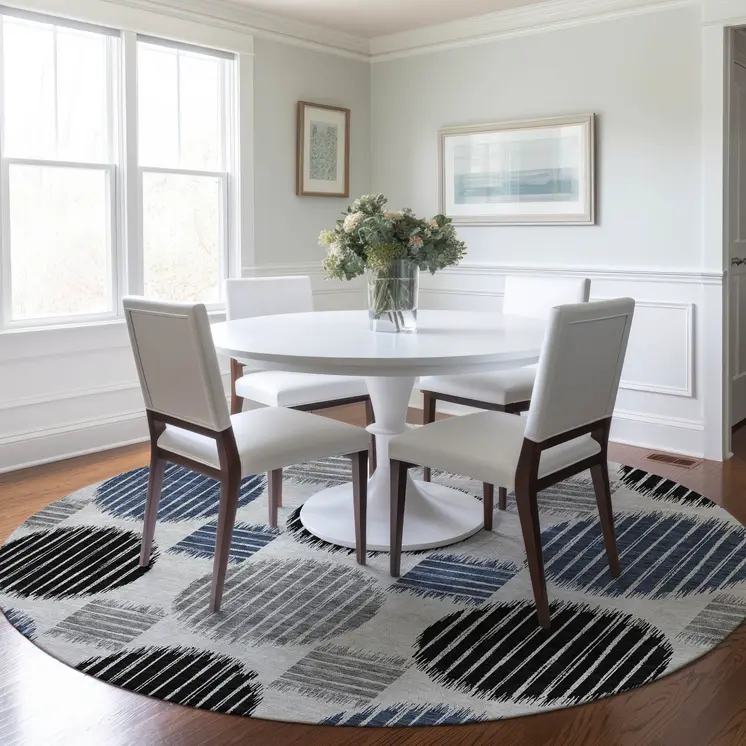 8' Gray Black And Blue Round Geometric Washable Indoor Outdoor Area Rug
