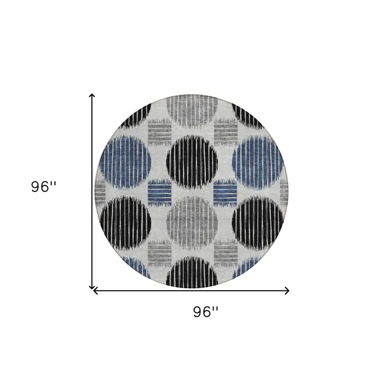 8' Gray Black And Blue Round Geometric Washable Indoor Outdoor Area Rug