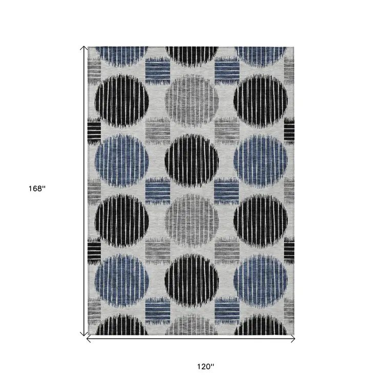 10' X 14' Gray Black And Blue Geometric Washable Indoor Outdoor Area Rug