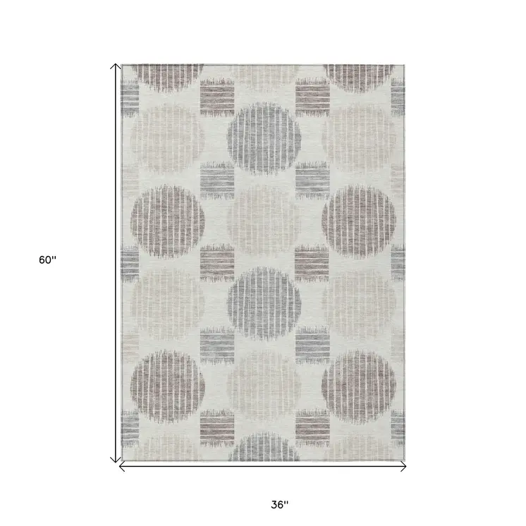 3' X 5' Ivory Brown And Gray Geometric Washable Indoor Outdoor Area Rug