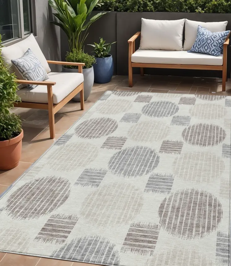 5' X 8' Ivory Brown And Gray Geometric Washable Indoor Outdoor Area Rug