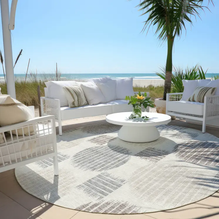 8' Ivory Brown And Gray Round Geometric Washable Indoor Outdoor Area Rug