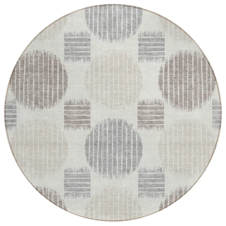 8' Ivory Brown And Gray Round Geometric Washable Indoor Outdoor Area Rug