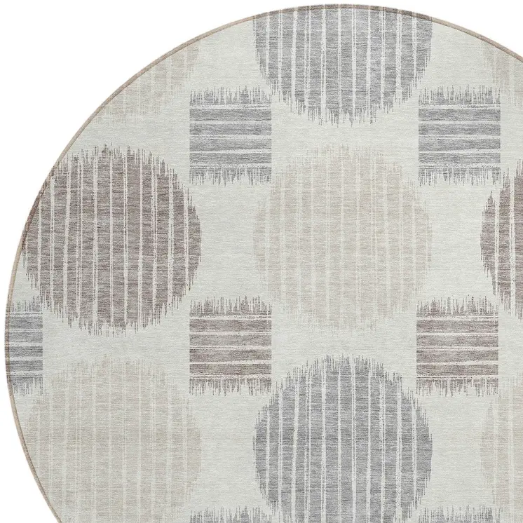 8' Ivory Brown And Gray Round Geometric Washable Indoor Outdoor Area Rug