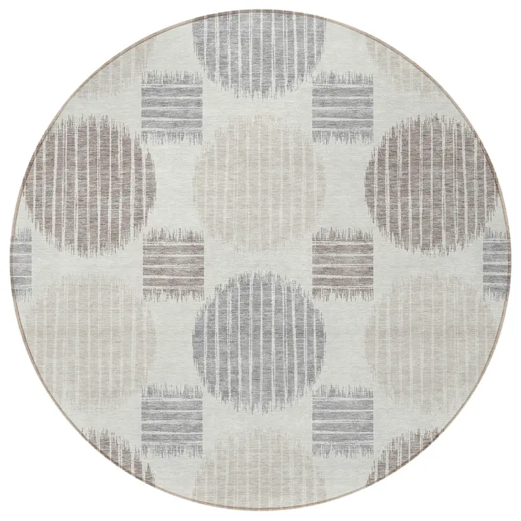 8' Ivory Brown And Gray Round Geometric Washable Indoor Outdoor Area Rug