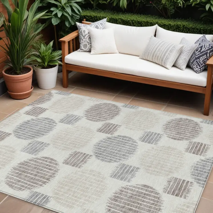 8' X 10' Ivory Brown And Gray Geometric Washable Indoor Outdoor Area Rug