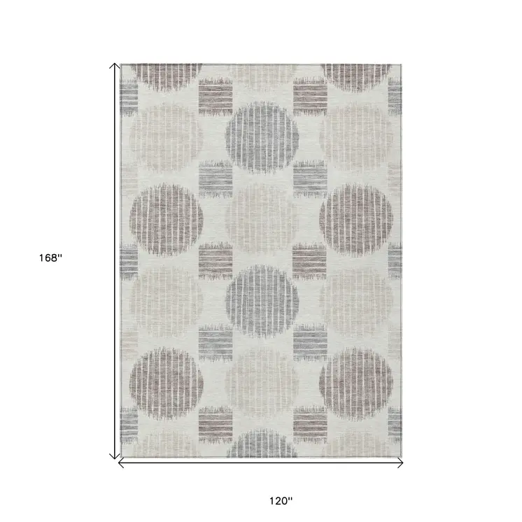 10' X 14' Ivory Brown And Gray Geometric Washable Indoor Outdoor Area Rug