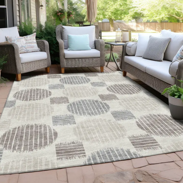 10' X 14' Ivory Brown And Gray Geometric Washable Indoor Outdoor Area Rug