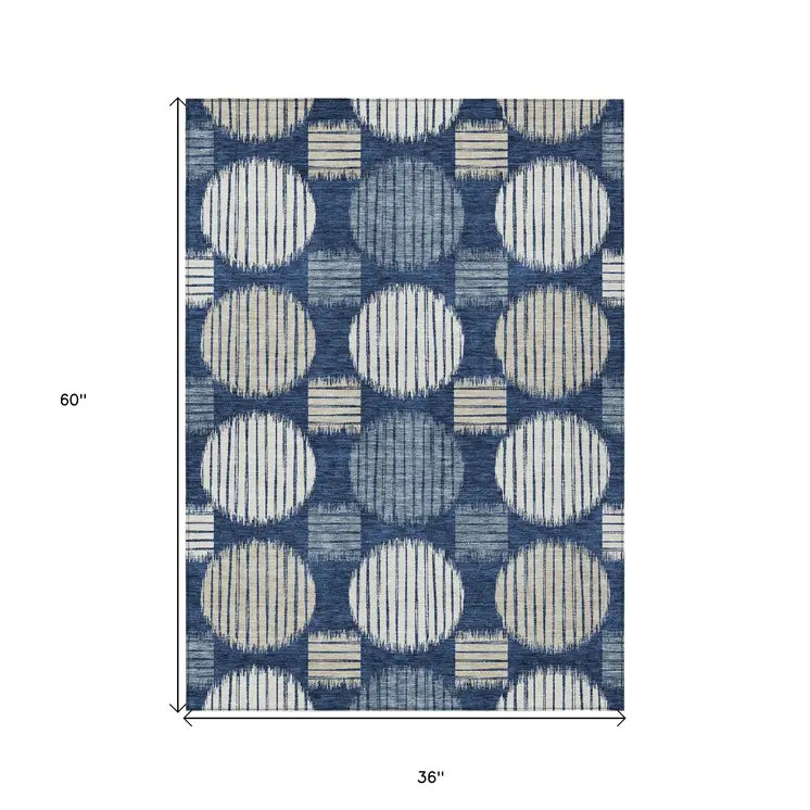 3' X 5' Navy Blue And Ivory Geometric Washable Indoor Outdoor Area Rug